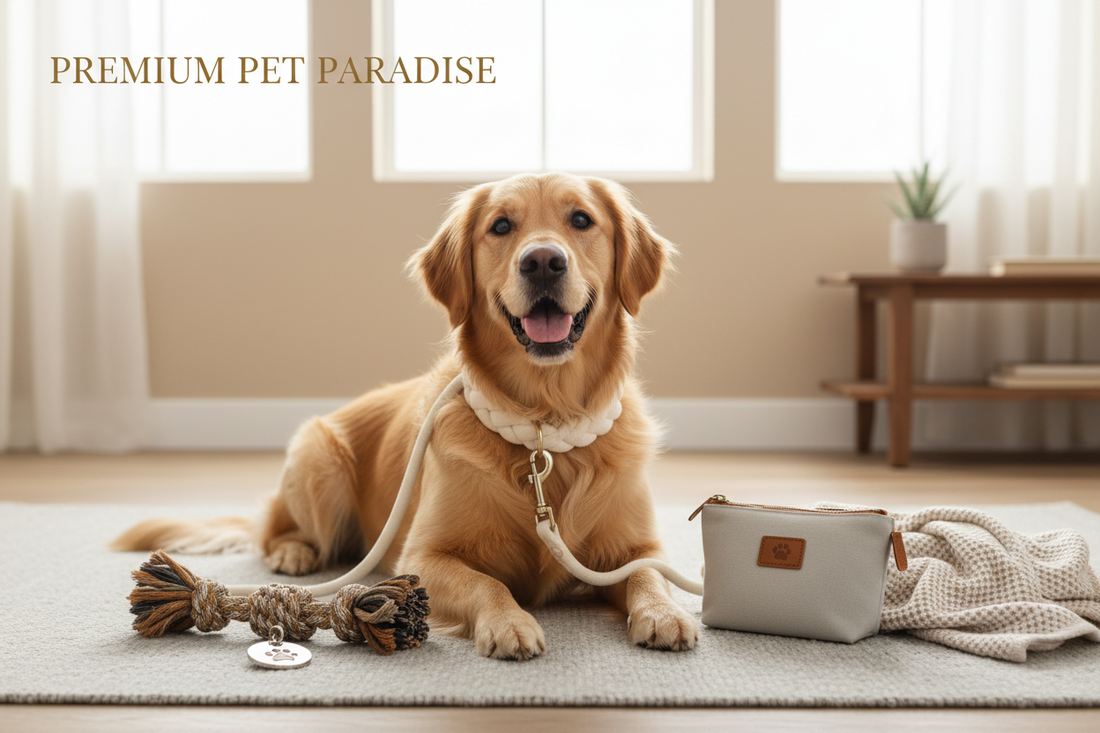 Cane felice di razza Golden Retriever in un ambiente accogliente con accessori per animali di PelosettiShop.