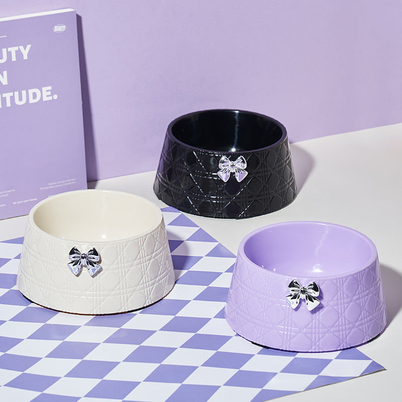 PelosettinShop Bowknot Diamond Pet Food Bowl in three colors, showcasing elegance and durability for pets.