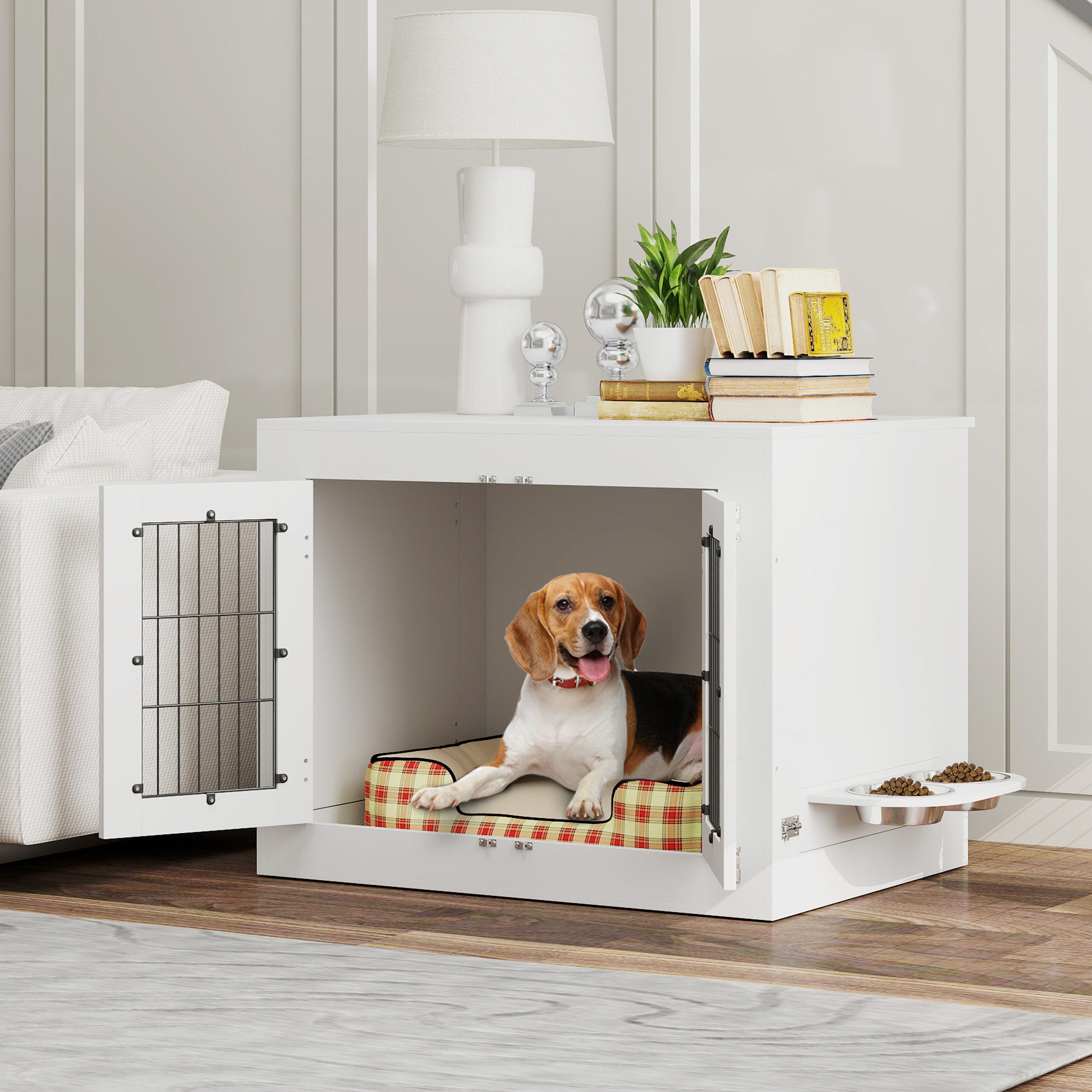 PelosettiShop dog crate furniture with 360° rotatable removable bowls