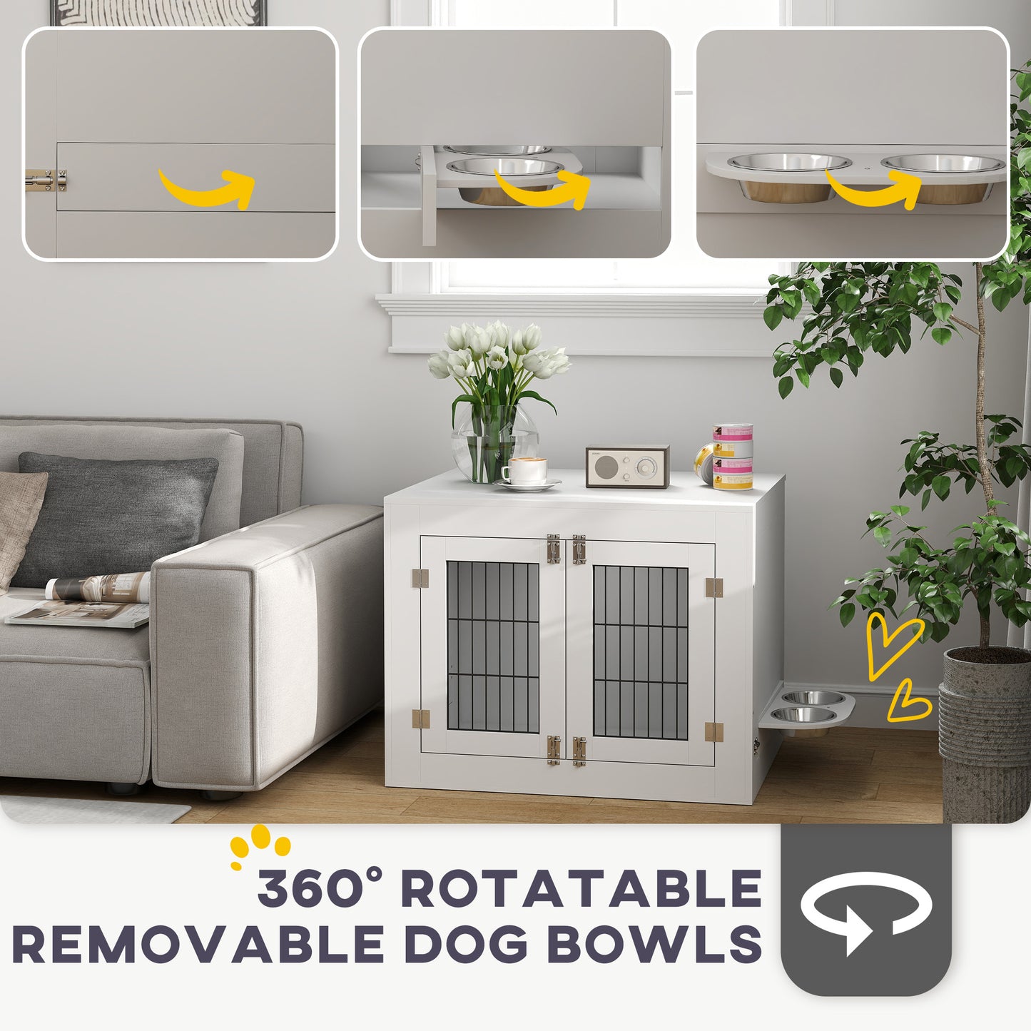 PelosettiShop dog crate furniture with 360° rotatable removable bowls