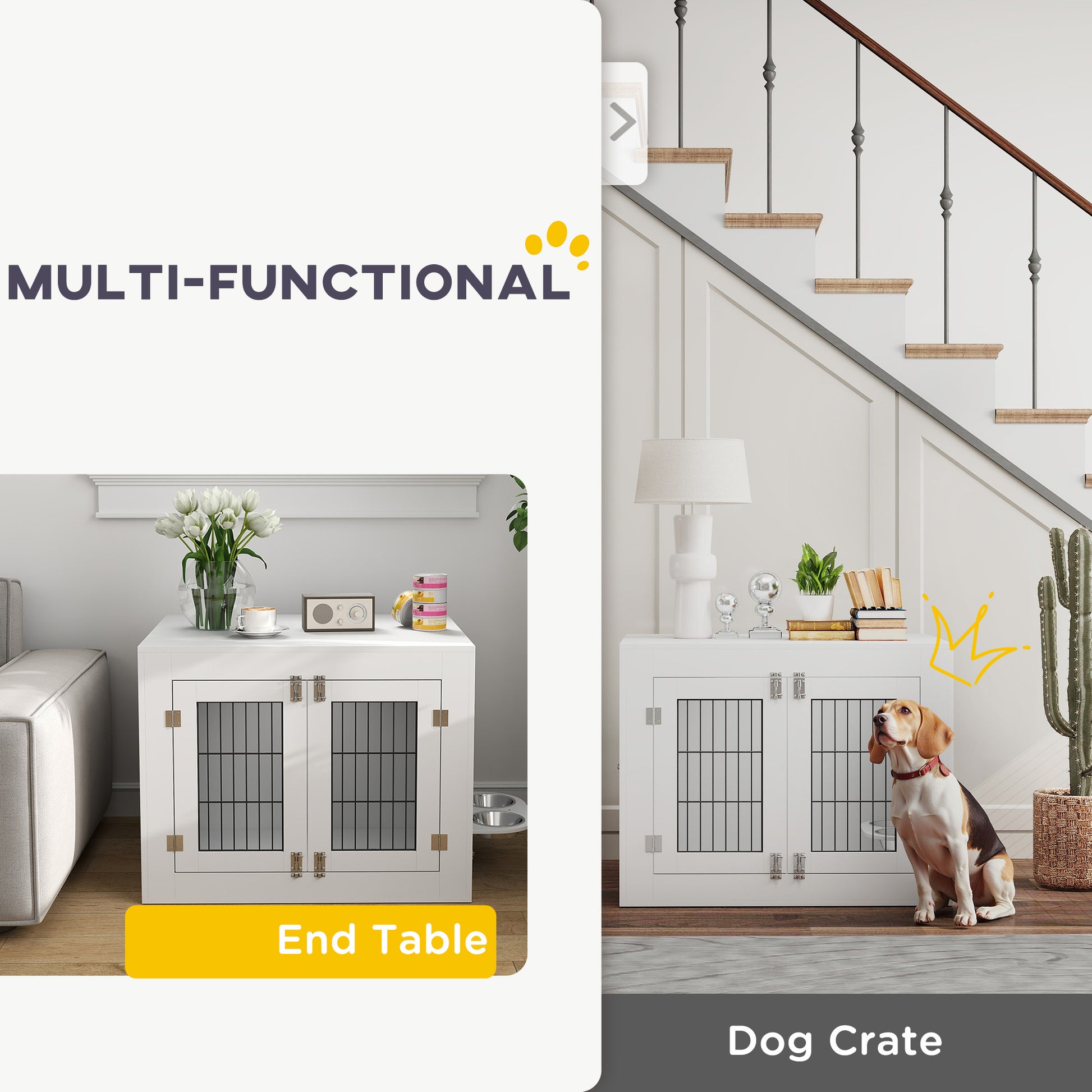 PelosettiShop dog crate furniture with 360° rotatable removable bowls
